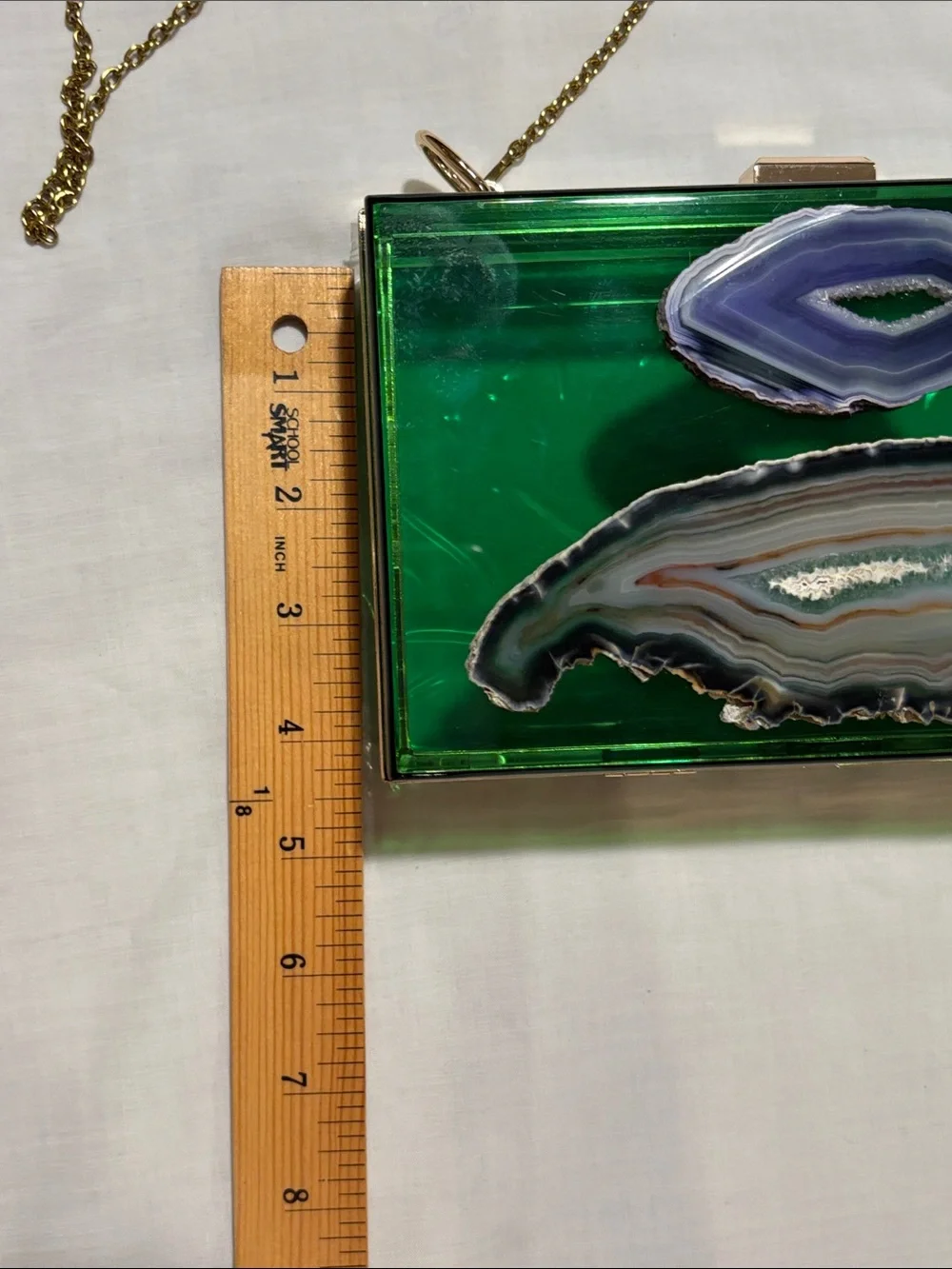 Green Agate Accent Acrylic Box Clutch with Gold Chain